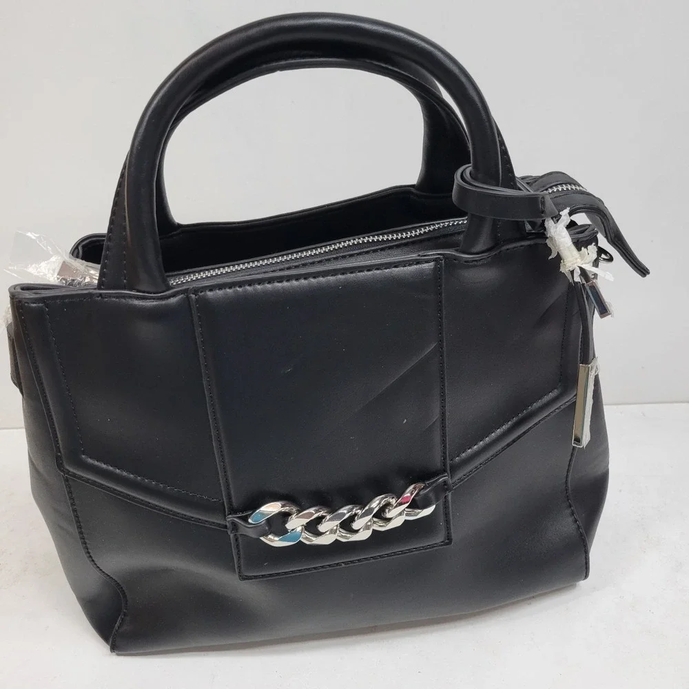Christian Lacroix Black Satchel Handbag Chain Accent Top Handle Purse NWOT